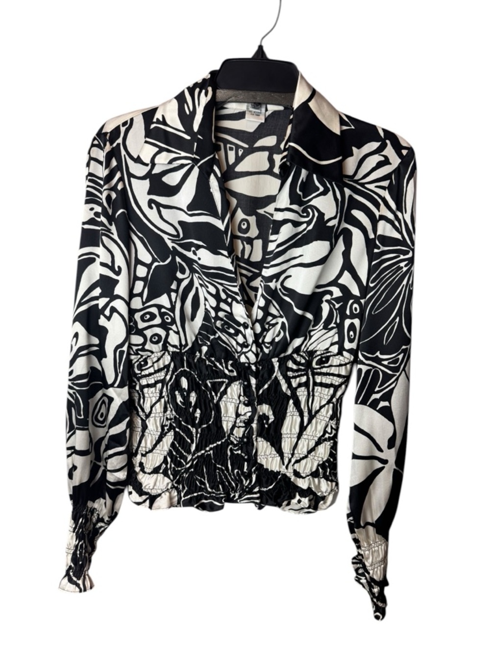 Cache Silk Smocked Waist Black White Blouse Top